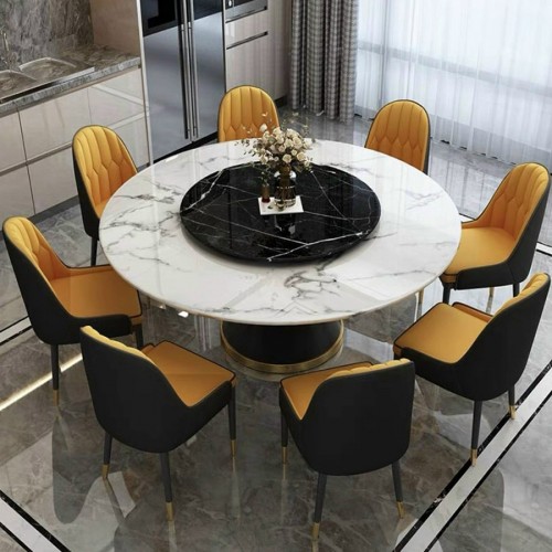 Bộ bàn ăn tròn xoay mặt đá cẩm thạch nhân tạo kèm ghế monet ( bàn 2 mặt đá )