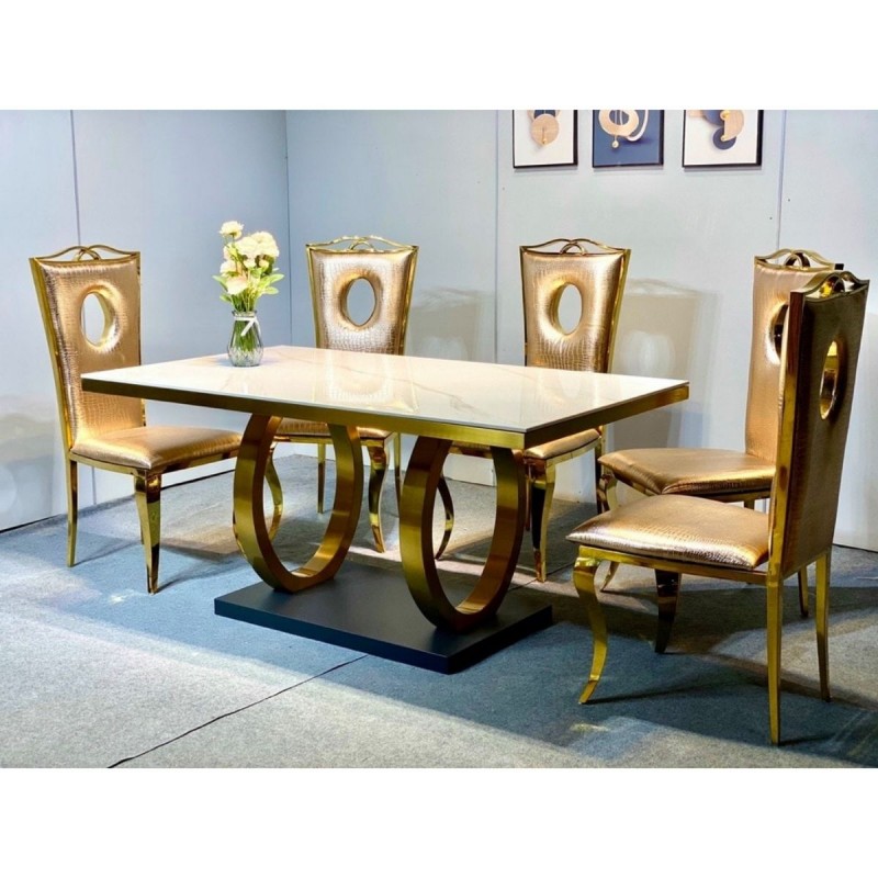 Bộ bàn ăn mặt đá chân vòng mạ vàng kết hợp cùng ghế Hole