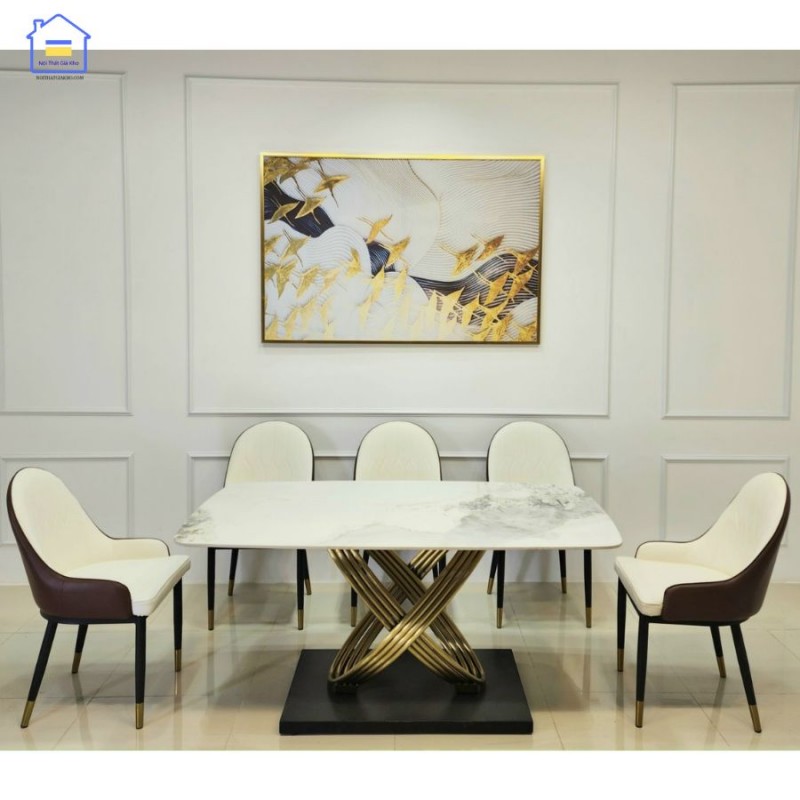 Bộ bàn ăn mặt đá phiến Ceramic bóng chân Chanel mạ vàng kết hợp ghế Monet