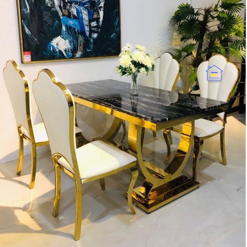 Bộ bàn ăn tân cổ điển ghế hoa mai mạ vàng