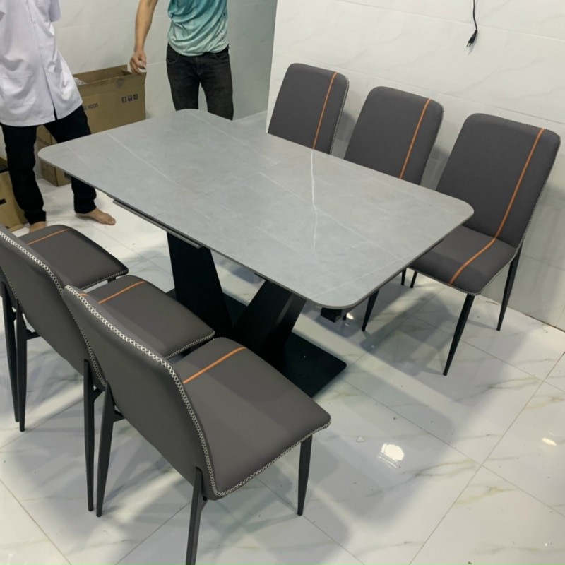 Bộ bàn ăn thông minh mặt đá Ceramic nhám chân chữ V kết hợp ghế Vertical