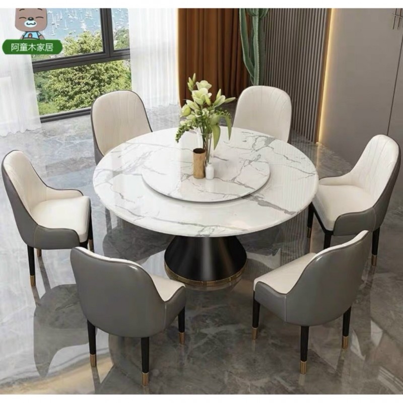 Bộ bàn ăn tròn xoay mặt đá cẩm thạch kèm ghế Monet ( bàn 2 mặt đá )