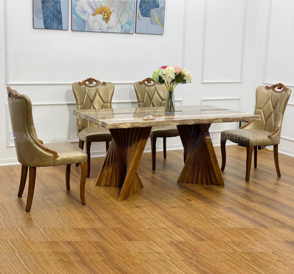 Bộ bàn ghế ăn tân cổ điển cao cấp chân gỗ sồi