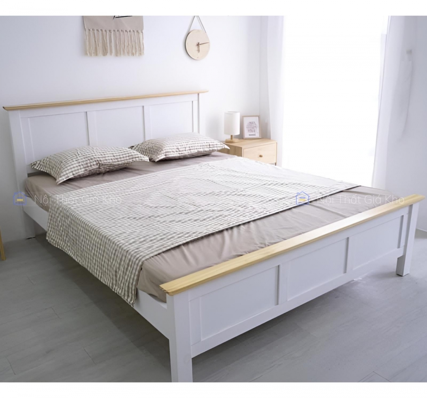 Giường ngủ gỗ thông màu trắng 1m6x2m - 1m8x2m