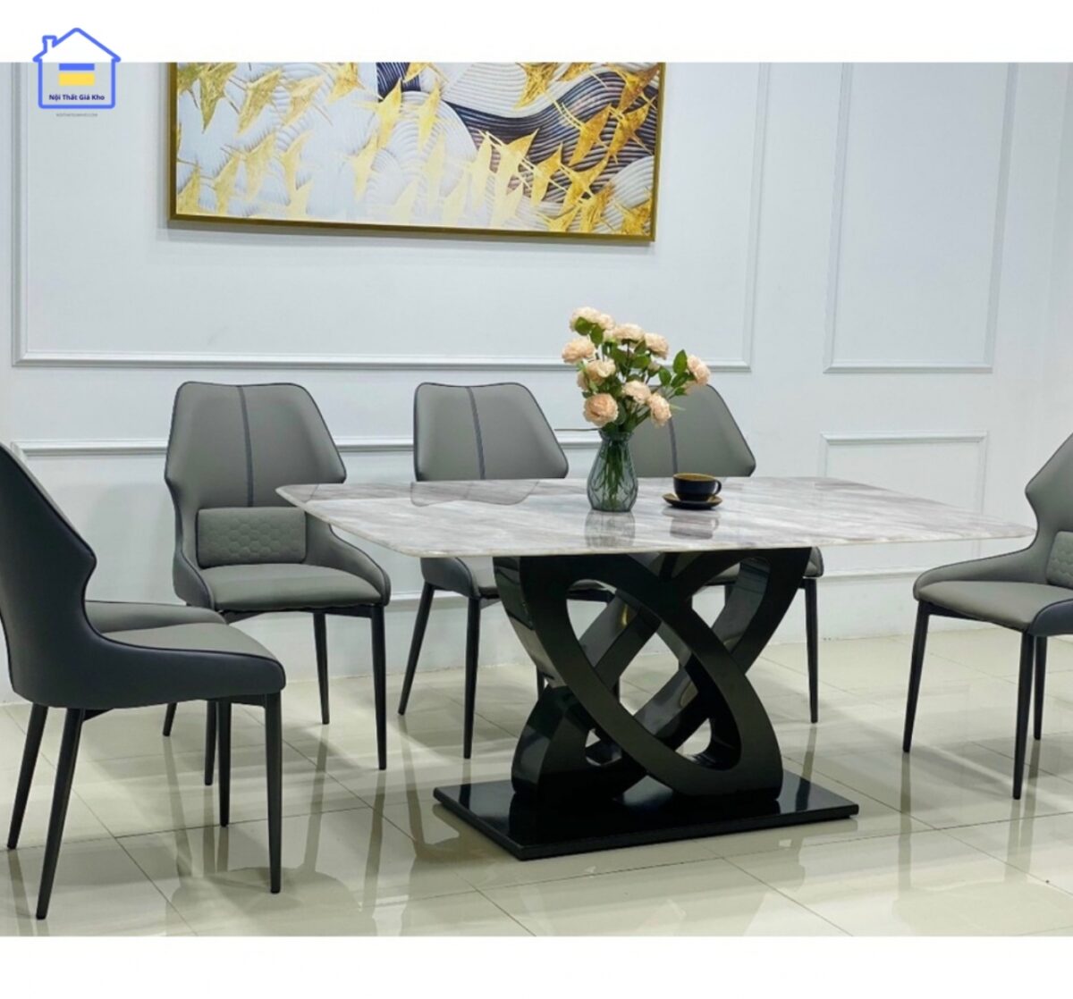 Bàn ăn đá ngọc bạch kèm ghế Veno