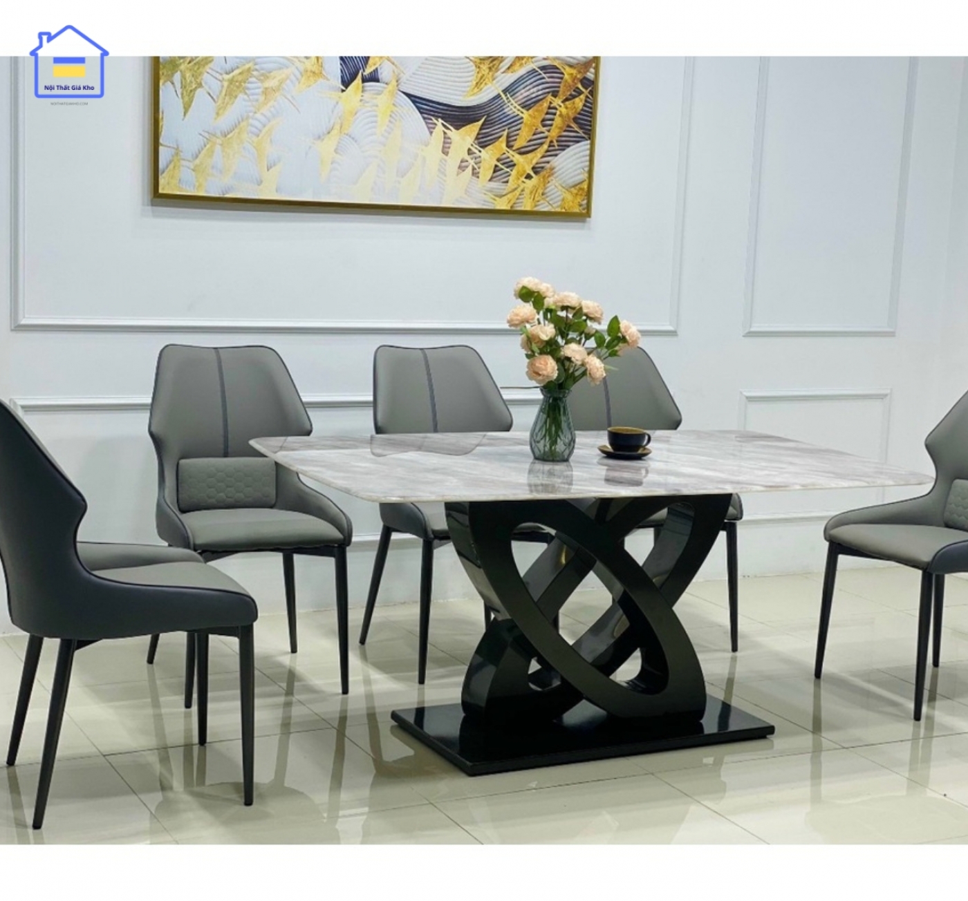 Bàn ăn đá ngọc bạch kèm ghế Veno