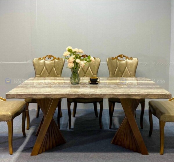 Bàn ăn mặt đá cẩm thạch cao cấp chân gỗ sồi