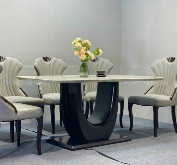Bàn ăn mặt đá Cẩm Thạch chân gỗ sồi cổ điển