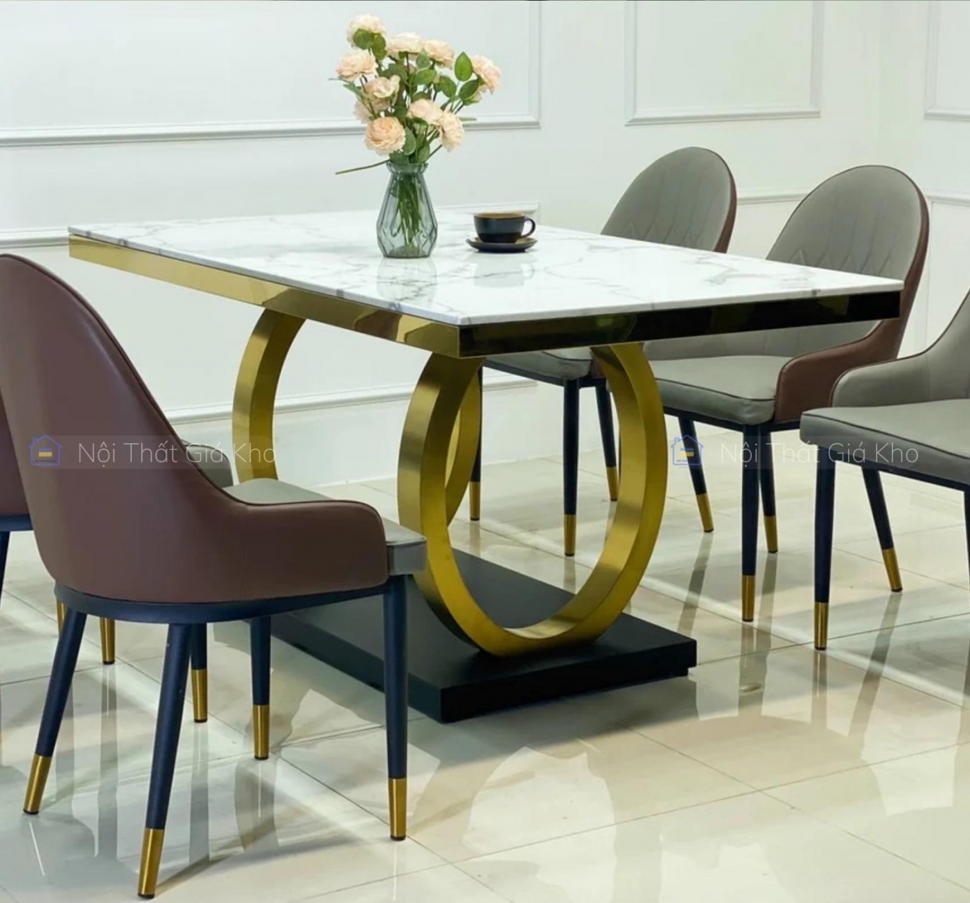 Bàn ăn mặt đá cẩm thạch chân mạ vàng