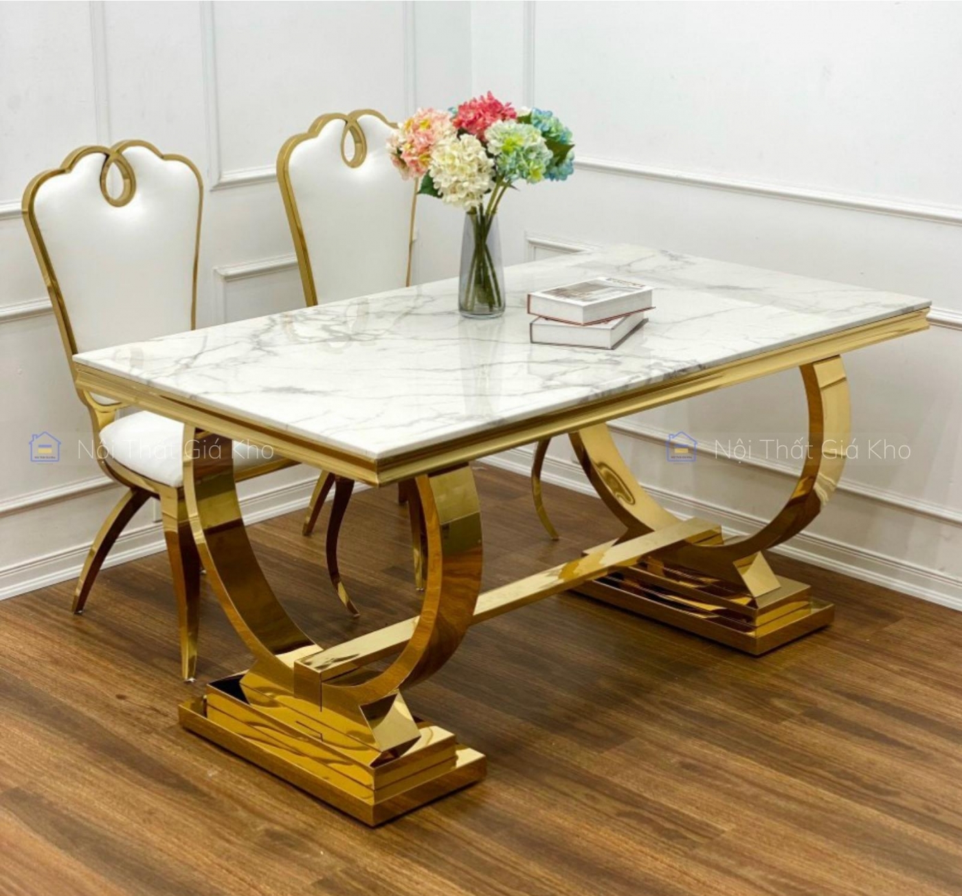 Bàn ăn mặt đá cẩm thạch kèm 6 ghế Queen mạ vàng