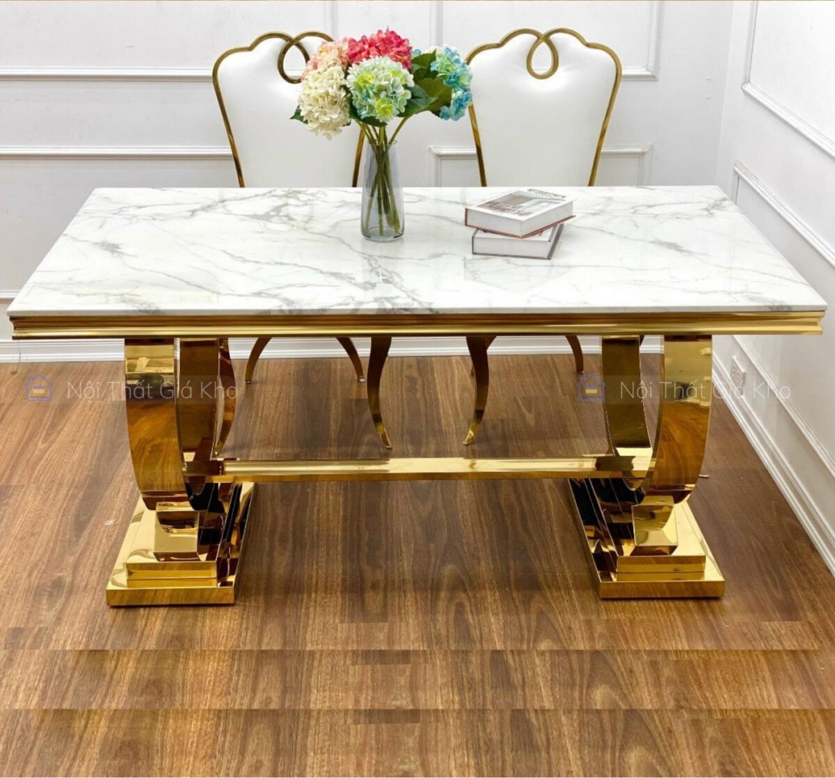 Bàn ăn mặt đá cẩm thạch kèm 6 ghế Queen mạ vàng