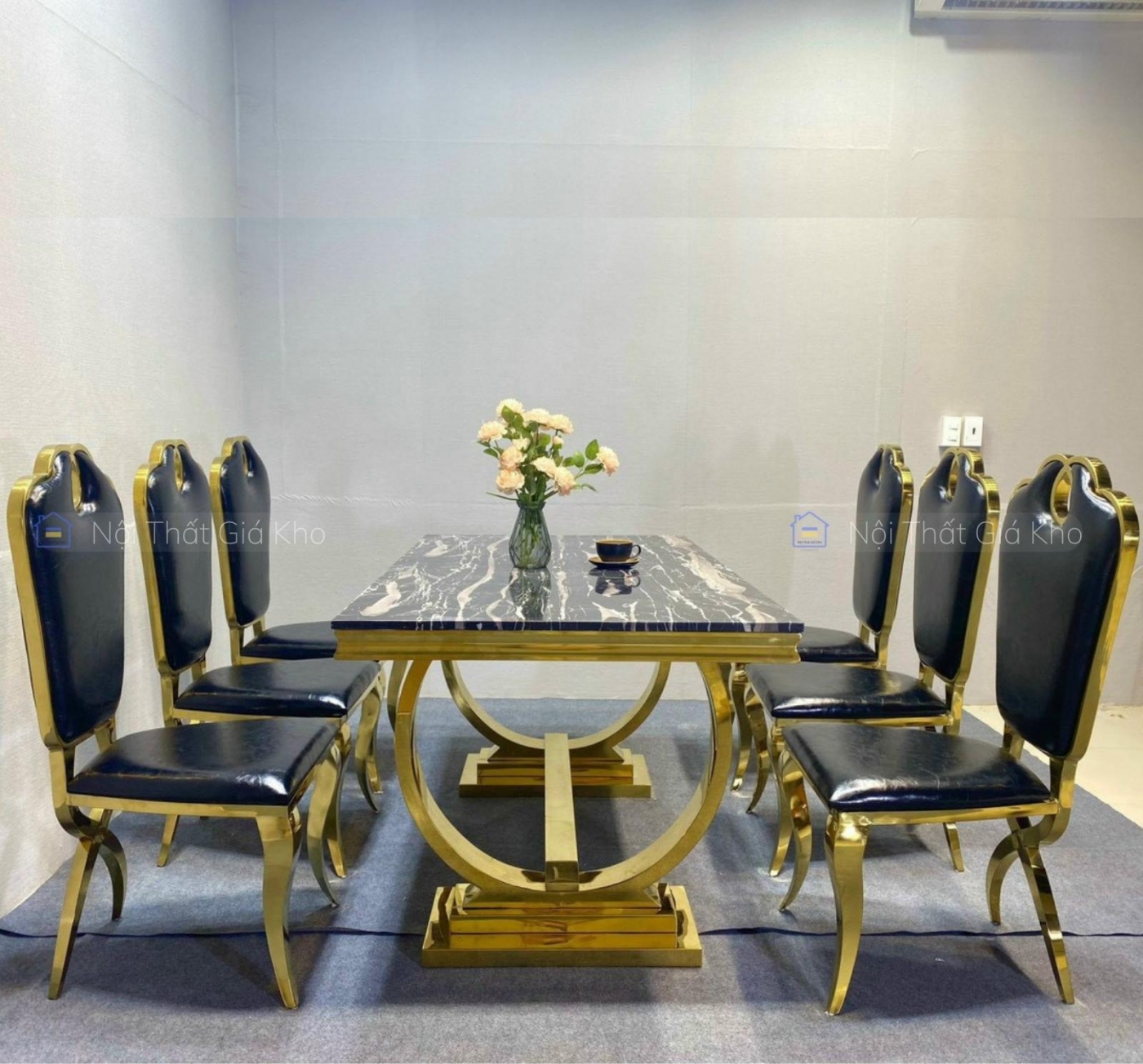 Bàn ăn mặt đá cẩm thạch kèm 6 ghế Queen mạ vàng