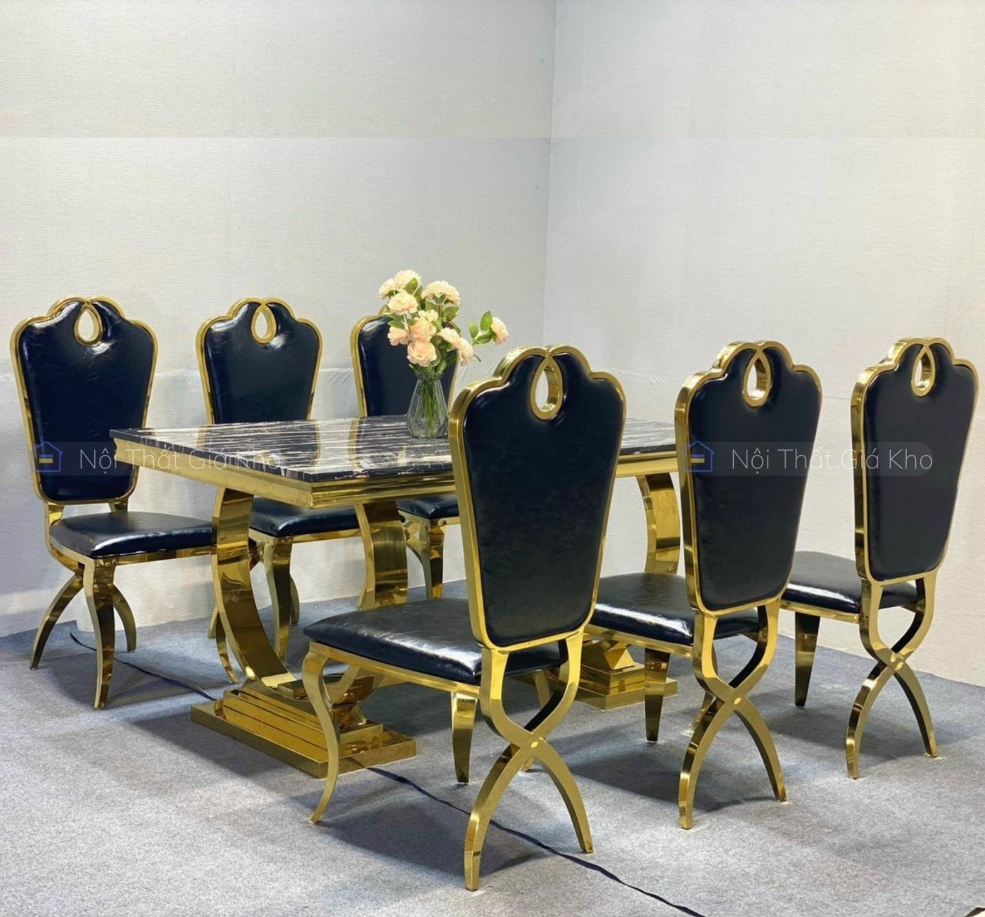 Bàn ăn mặt đá cẩm thạch kèm 6 ghế Queen mạ vàng