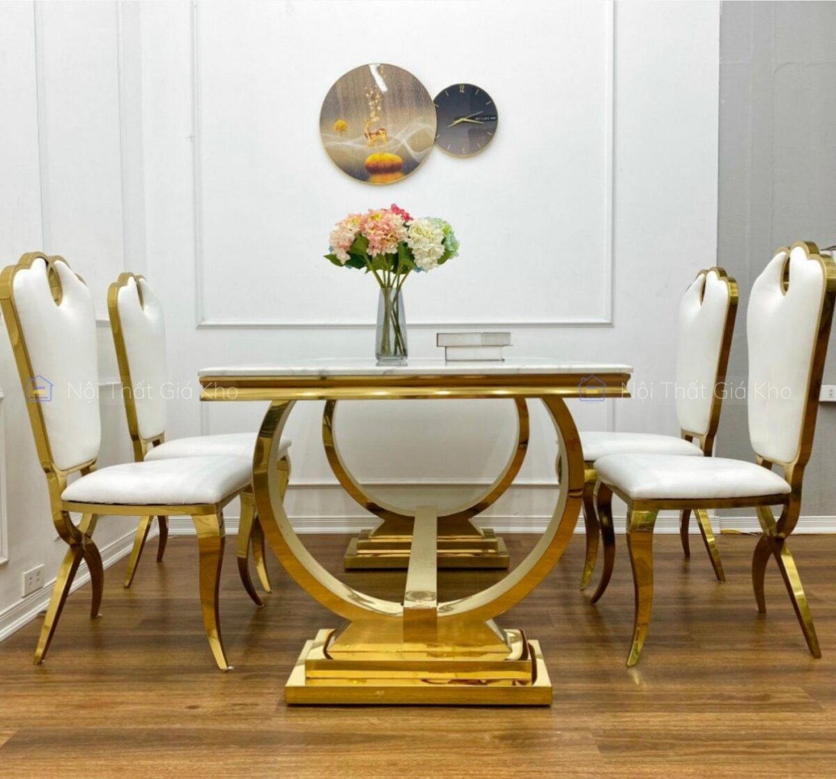 Bàn ăn mặt đá cẩm thạch kèm 6 ghế Queen mạ vàng
