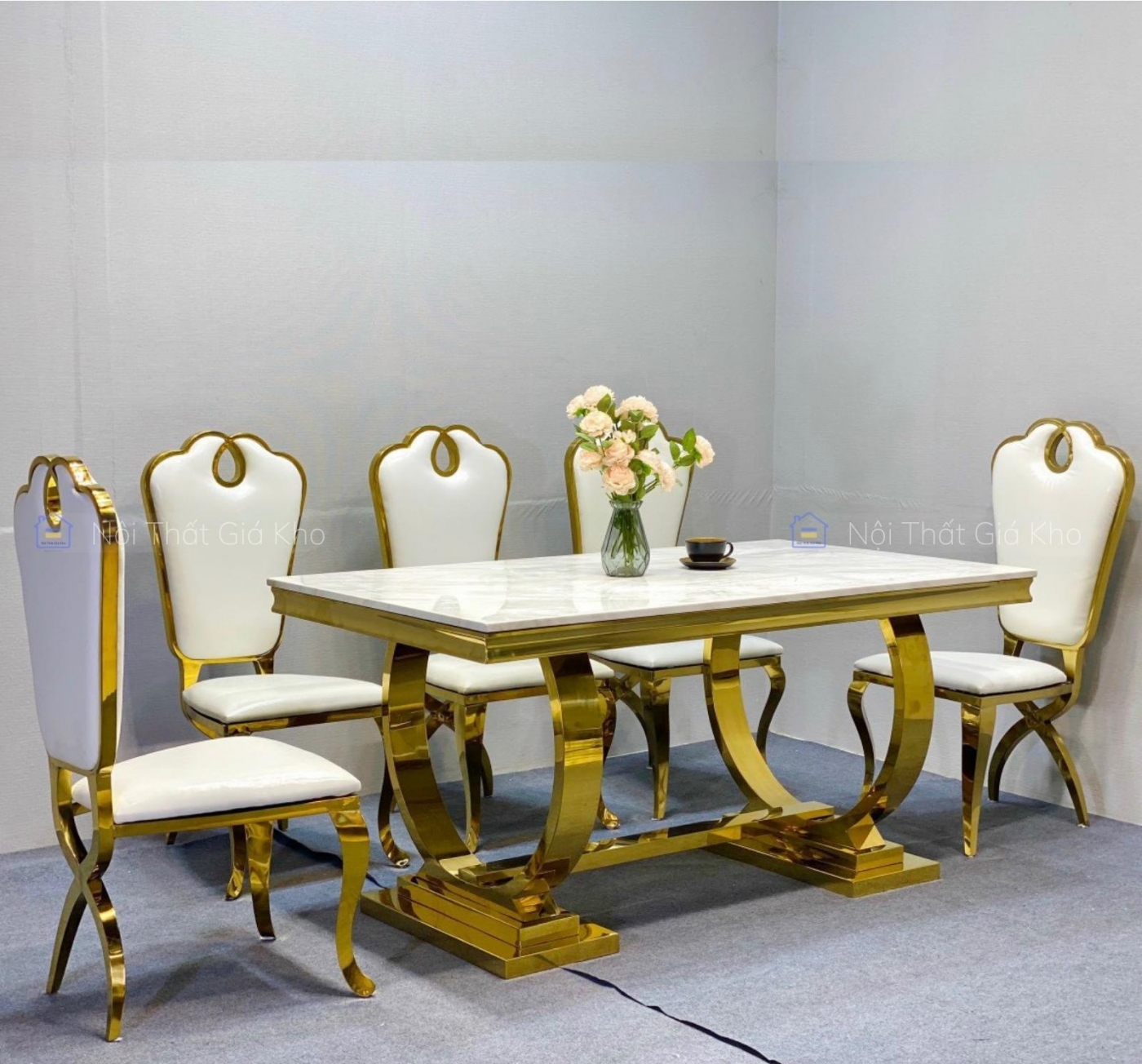Bàn ăn mặt đá cẩm thạch kèm 6 ghế Queen mạ vàng