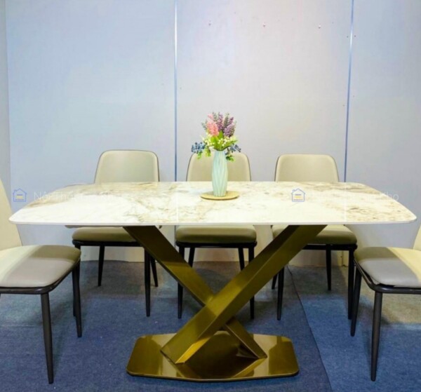 Bàn ăn mặt đá Ceramic bóng chân chéo chữ X inox mạ vàng