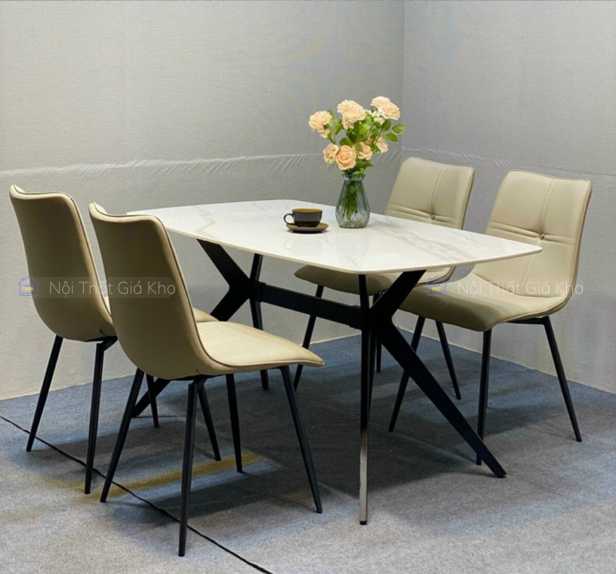 Bàn ăn mặt đá Ceramic bóng chân chữ H