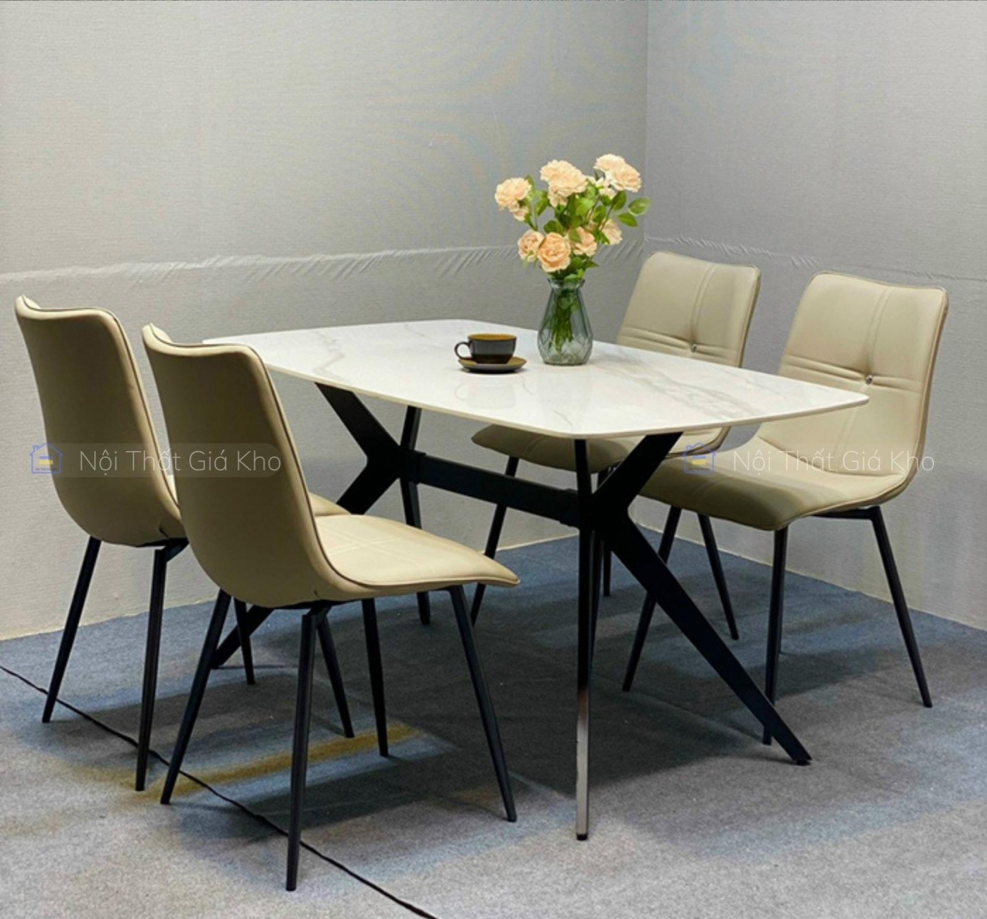 Bàn ăn mặt đá Ceramic bóng chân chữ H