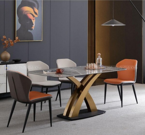 Bàn ăn mặt đá Ceramic bóng chân chữ X cong mạ vàng