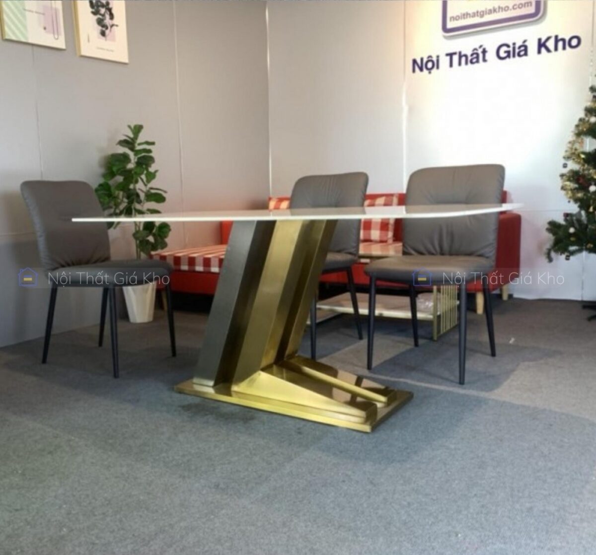 Bàn ăn mặt đá Ceramic bóng chân inox nhập khẩu