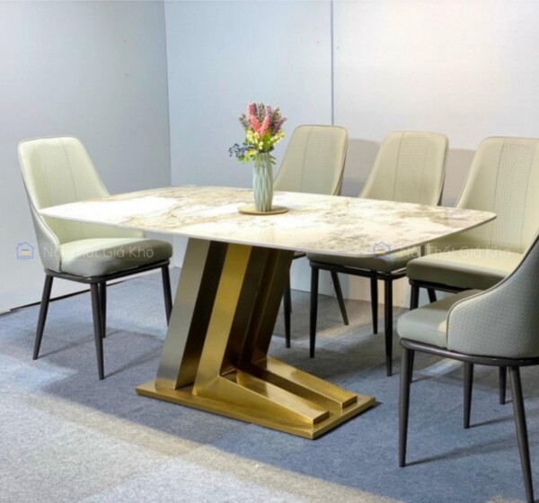 Bàn ăn mặt đá Ceramic bóng chân inox nhập khẩu