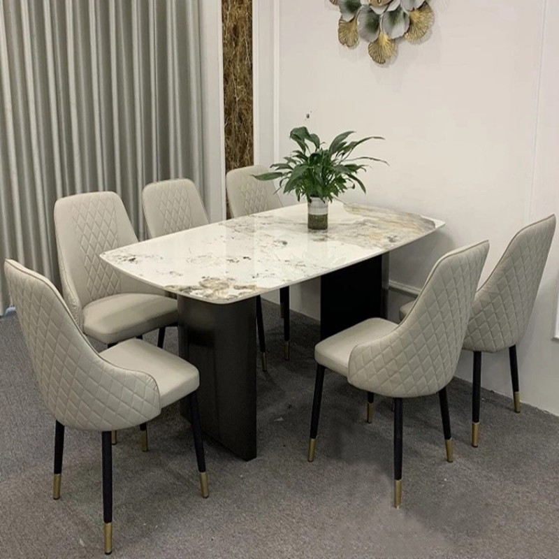 Bàn ăn mặt đá Ceramic bóng chân ống đôi kết hợp ghế Sheraton trám