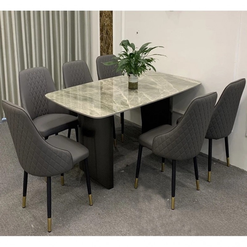 Bàn ăn mặt đá Ceramic bóng chân ống đôi kết hợp ghế Sheraton trám