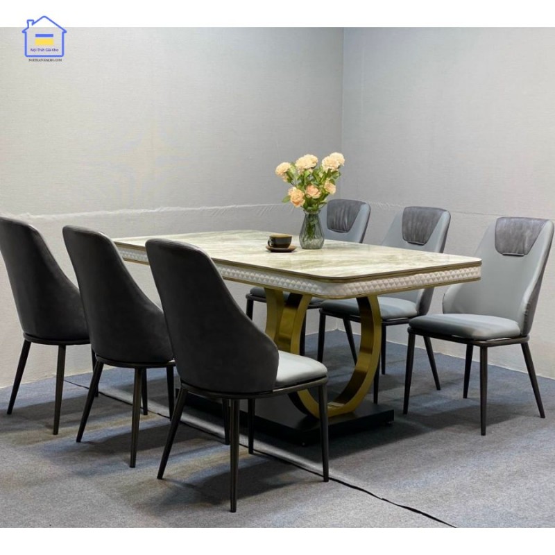 Bàn ăn mặt đá Ceramic bóng chân vòng kết hợp cùng ghế Spot