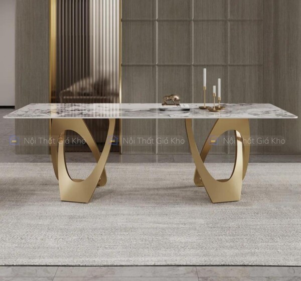Bàn ăn mặt đá Ceramic bóng nhập khẩu cao cấp mạ vàng PVD