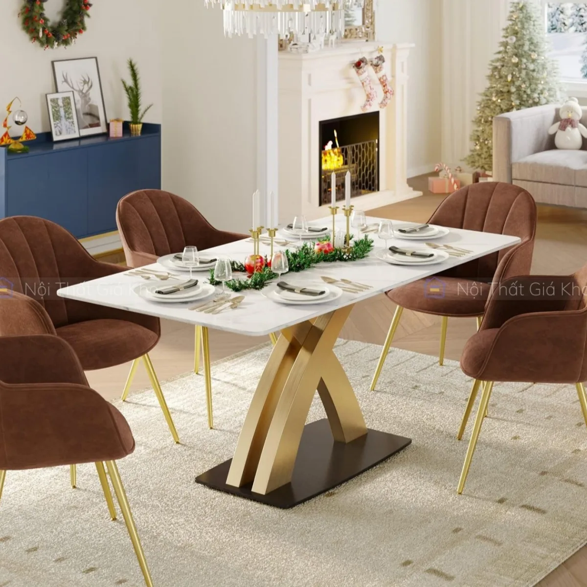 Bàn ăn mặt đá ceramic chân X cong mạ vàng