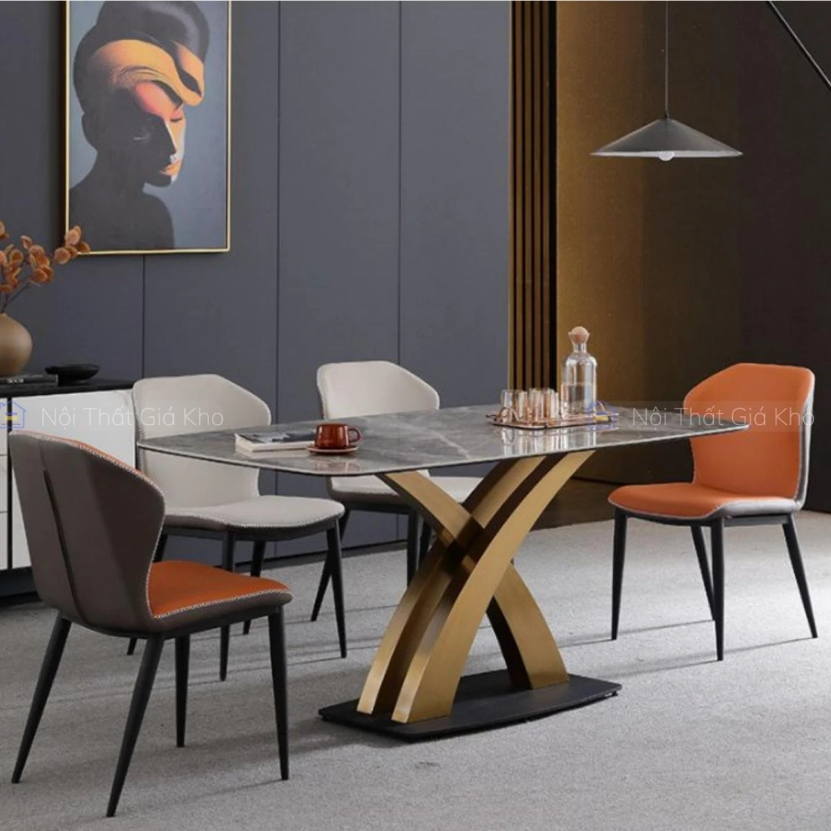 Bàn ăn mặt đá ceramic chân X cong mạ vàng