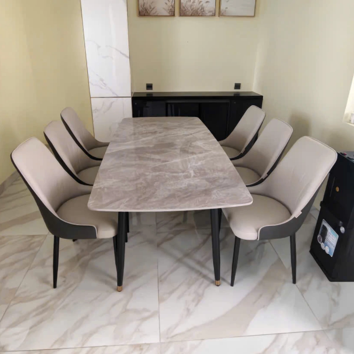 Bàn ăn mặt đá ceramic chân côn 6 ghế Pamper