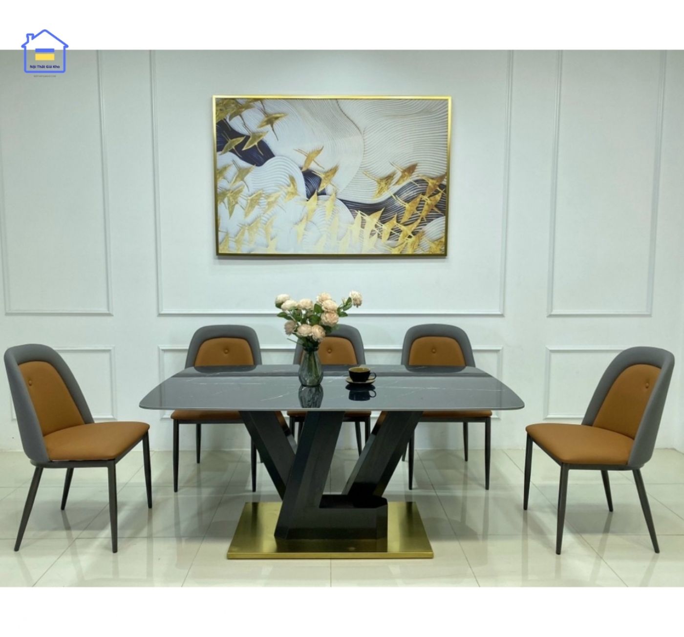 Bàn ăn mặt đá Ceramic chân LV kết hợp ghế Owen