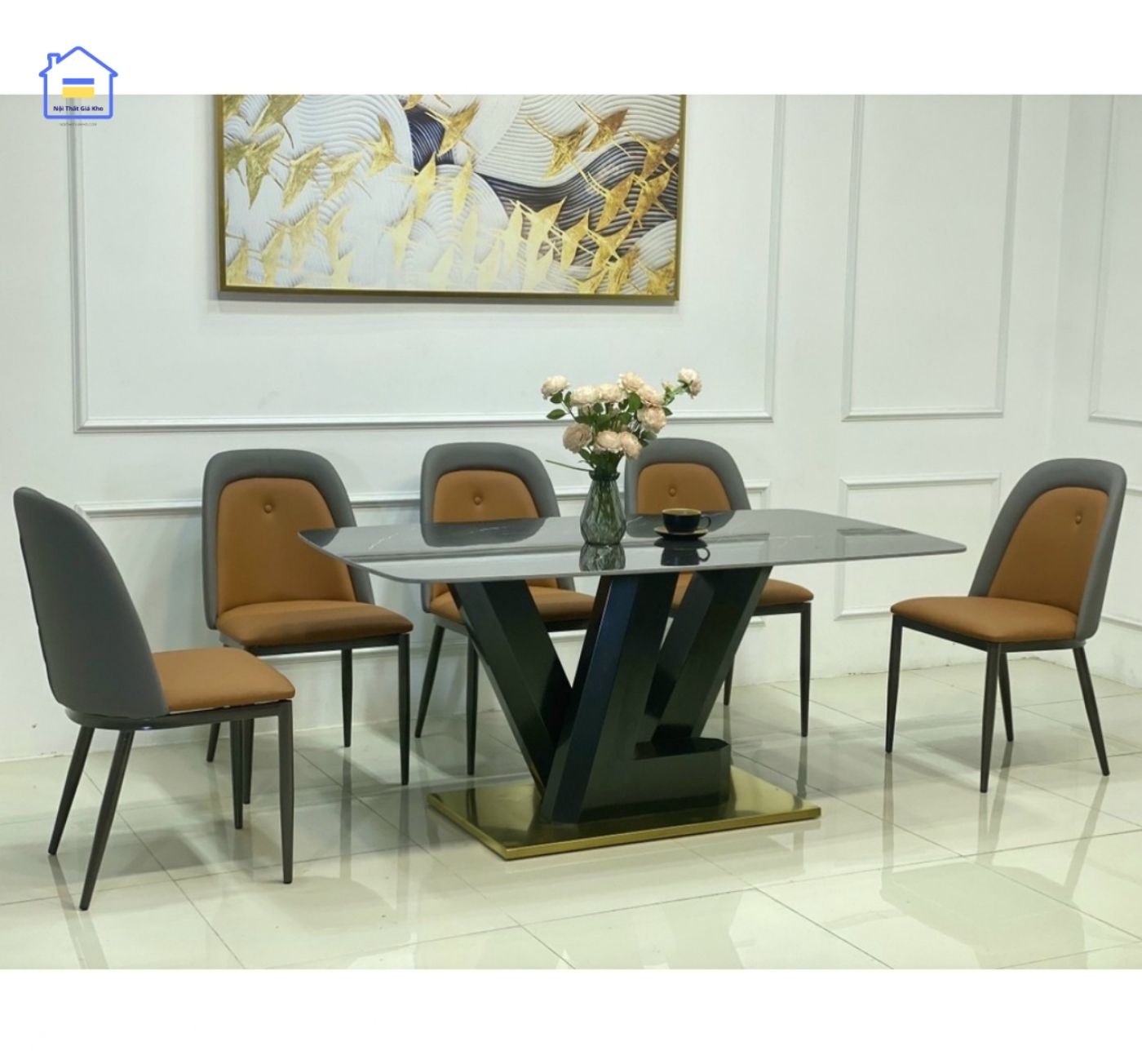 Bàn ăn mặt đá Ceramic chân LV kết hợp ghế Owen