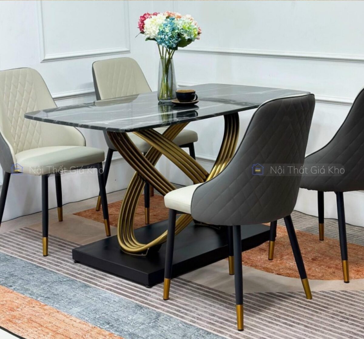 Bàn ăn mặt đá Ceramic chân mạ vàng