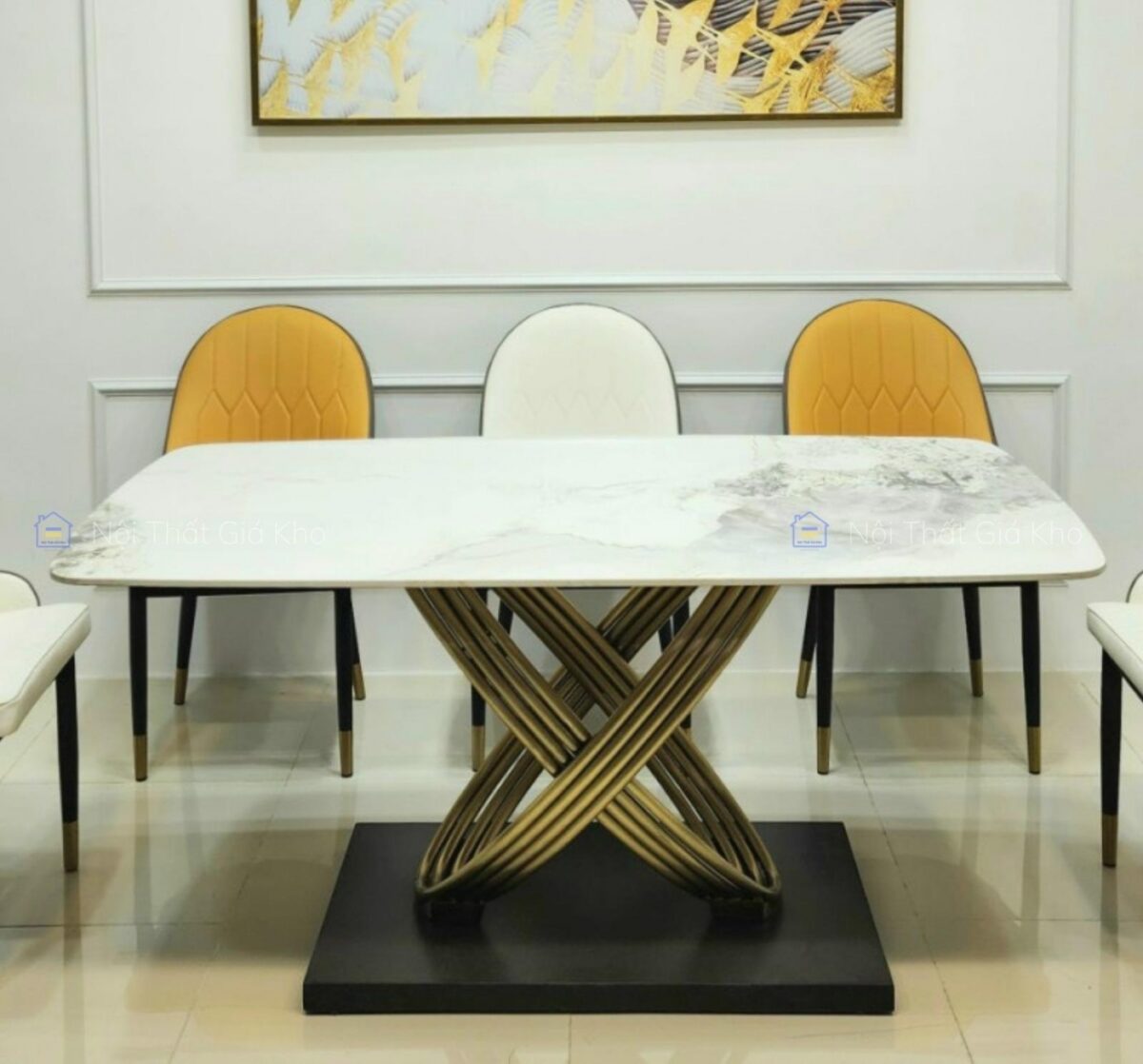 Bàn ăn mặt đá Ceramic chân mạ vàng