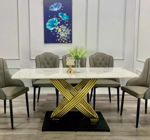 Bàn ăn mặt đá Ceramic chân mạ vàng