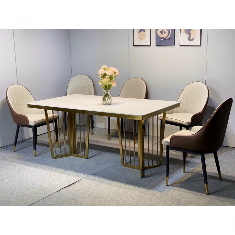 Bàn ăn mặt đá Ceramic chân mạ vàng kết hợp ghế Monet