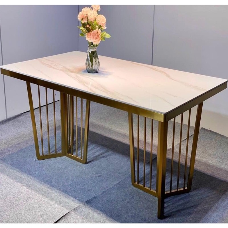 Bàn ăn mặt đá Ceramic chân mạ vàng kết hợp ghế Monet