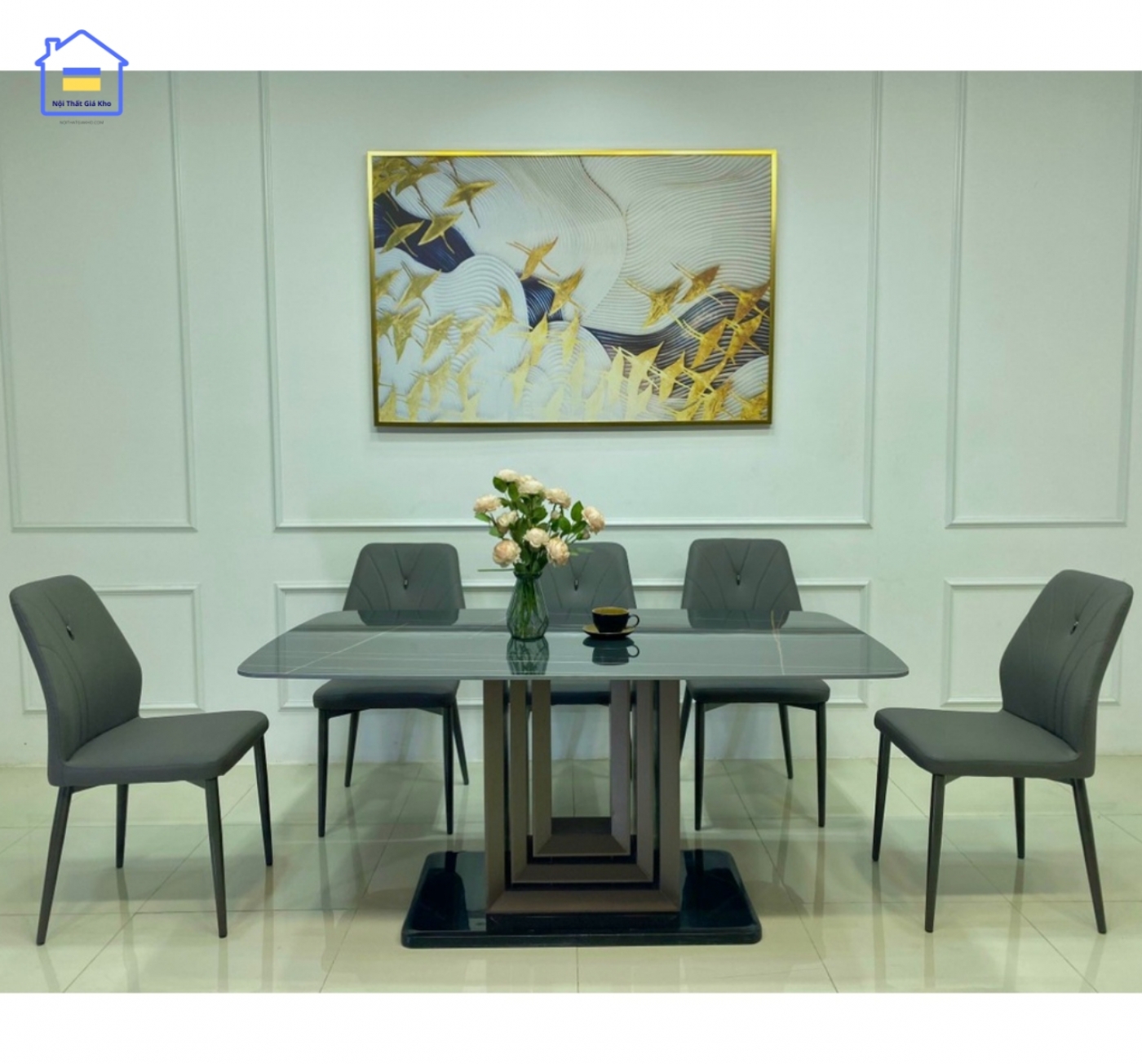 Bàn ăn mặt đá Ceramic chân U kèm ghế Levi