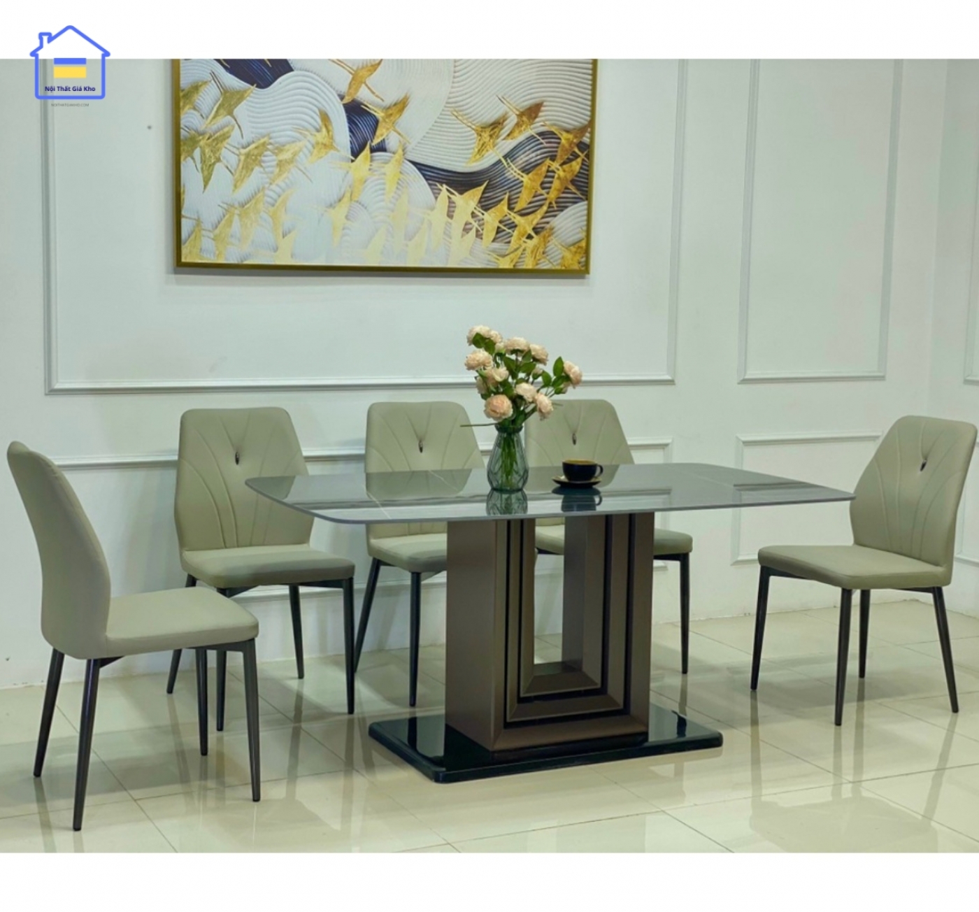 Bàn ăn mặt đá Ceramic chân U kèm ghế Levi