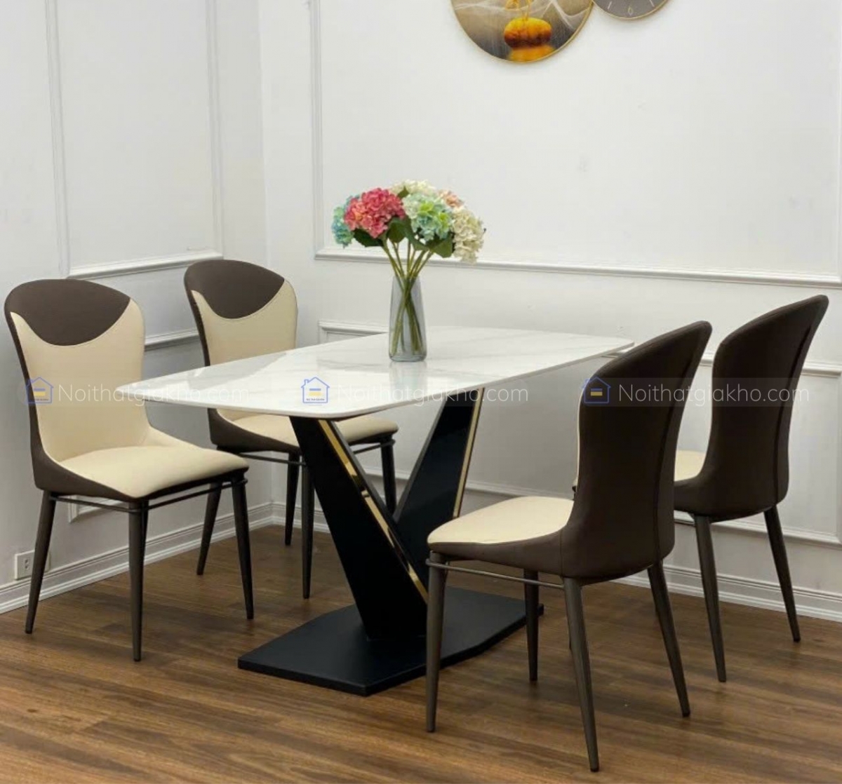 Bàn ăn mặt đá Ceramic chân V kết hợp ghế Hat
