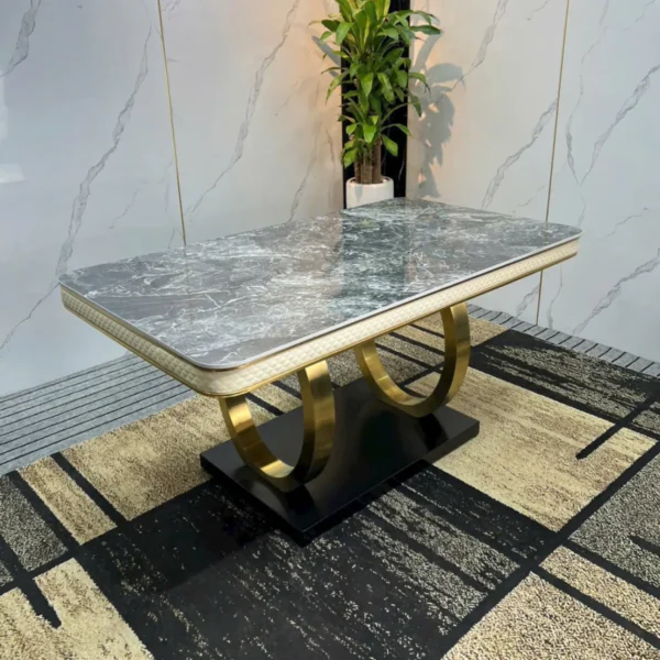 Bàn ăn mặt đá ceramic chân vòng tròn inox mạ vàng