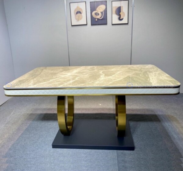 Bàn ăn mặt đá Ceramic chân vòng tròn inox mạ vàng