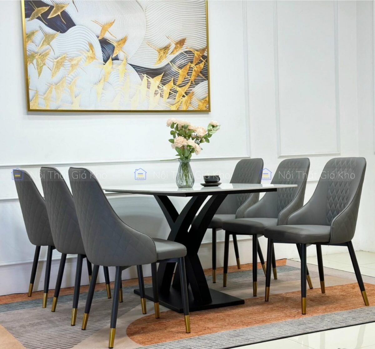 Bàn ăn mặt đá Ceramic kèm 6 ghế Sheraton trám