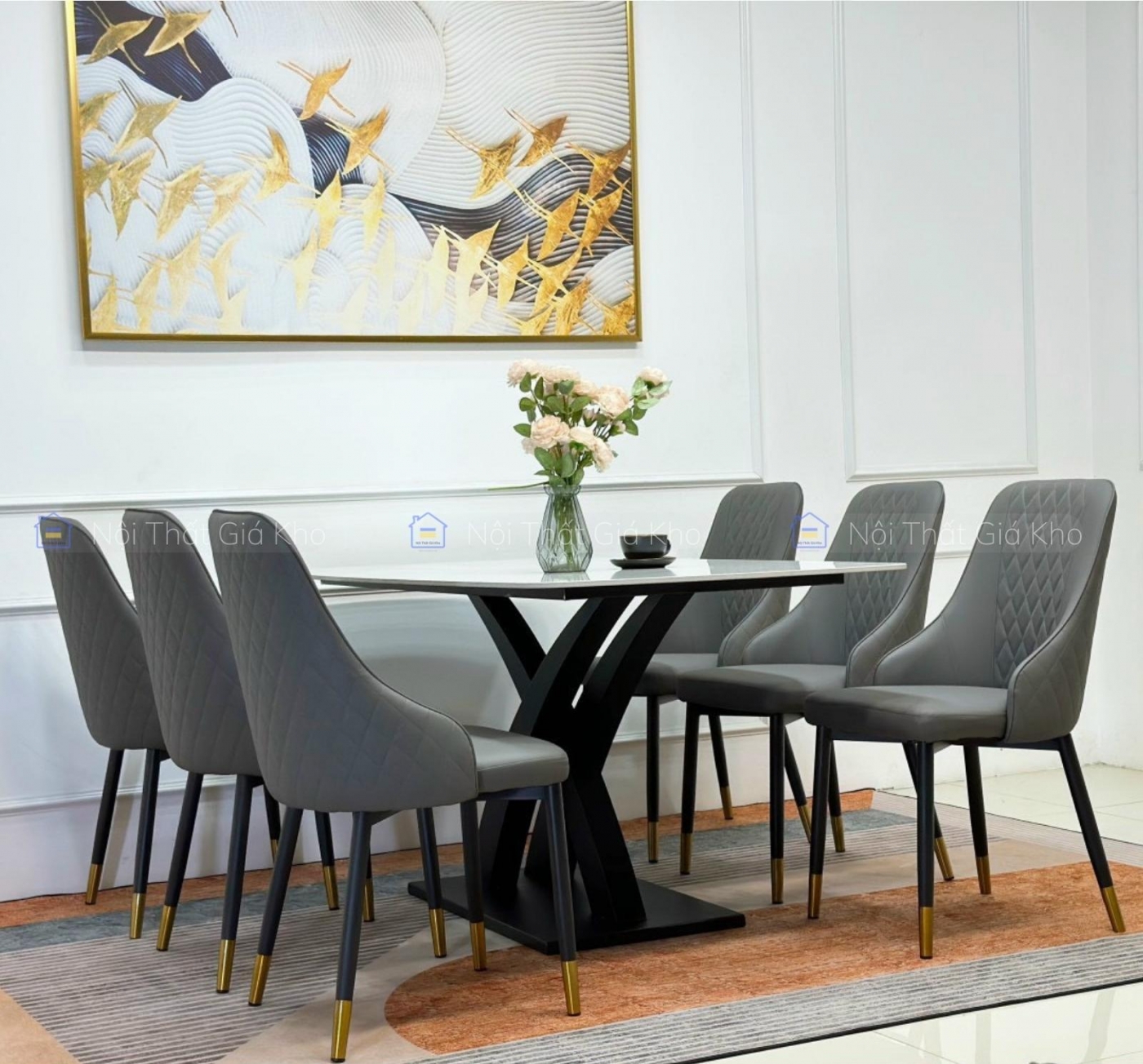 Bàn ăn mặt đá Ceramic kèm 6 ghế Sheraton trám