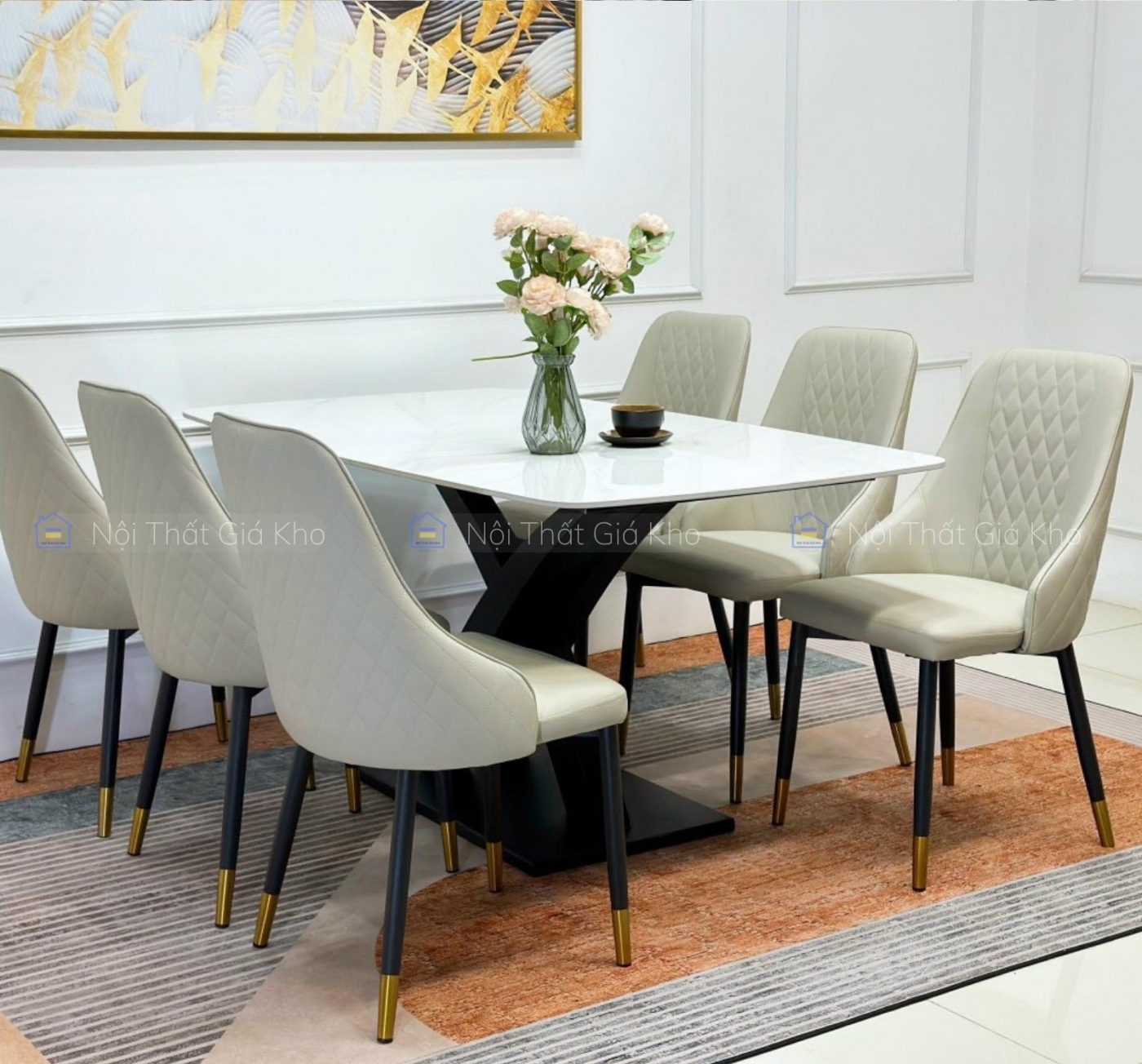 Bàn ăn mặt đá Ceramic kèm 6 ghế Sheraton trám