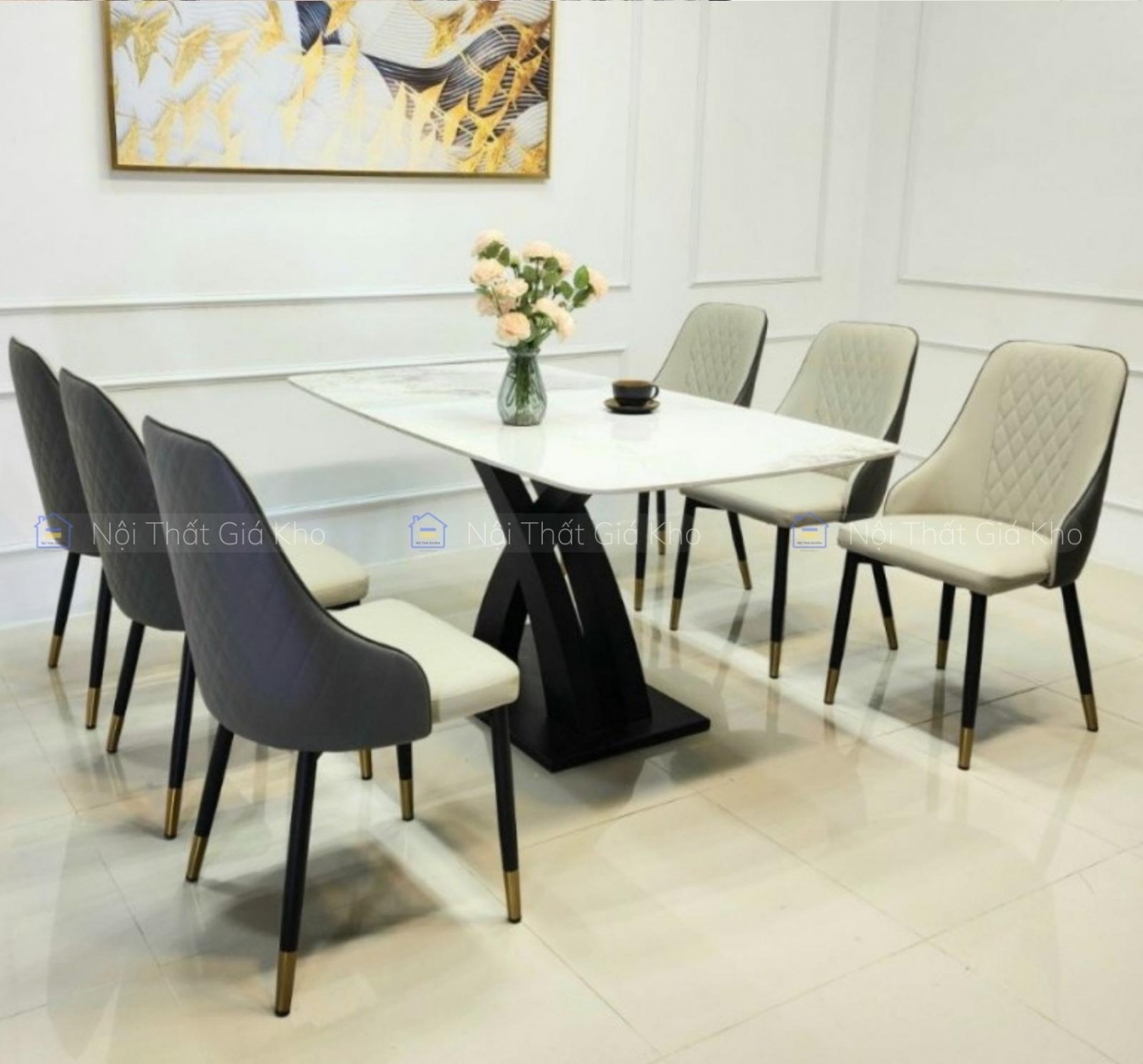 Bàn ăn mặt đá Ceramic kèm 6 ghế Sheraton trám