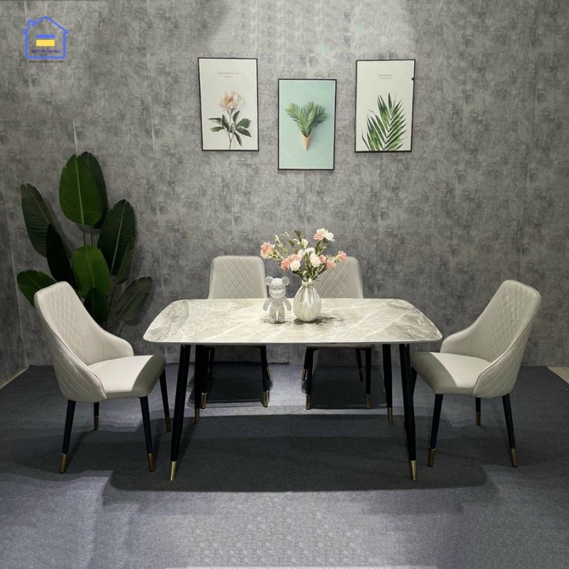 Bàn ăn mặt đá Ceramic kết hợp ghế Sheraton trám