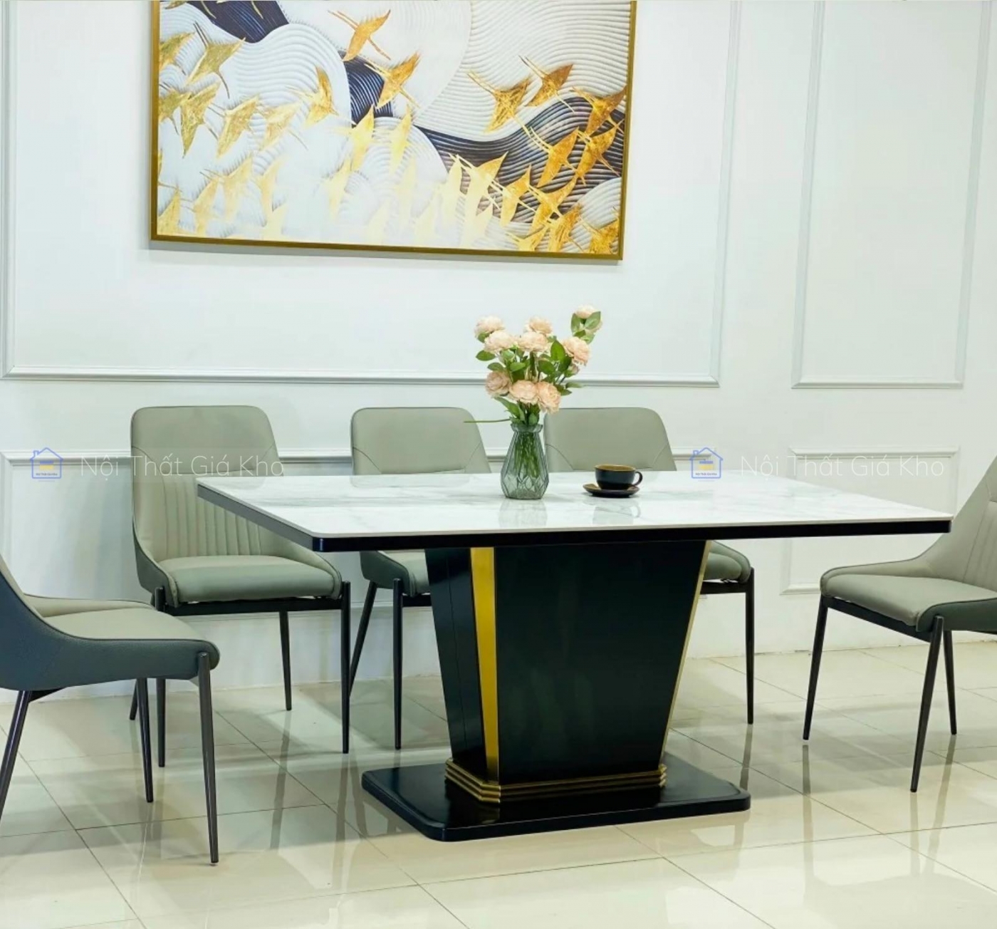 Bàn ăn mặt đá Ceramic trắng bóng 1m6, 1m8